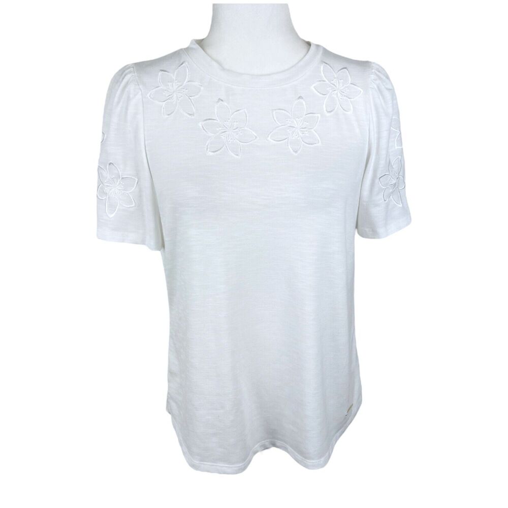 Anne Klein Shirt Women Small White Short Sleeve Floral Embroidered Collar Casual